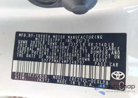 2021 Toyota Corolla Le z USA, uszkodzony, nr VIN 5YFEPMAE4MP248797